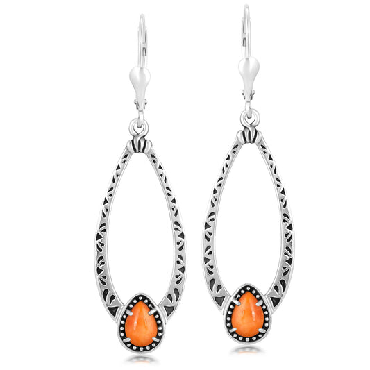 Sterling Silver Orange Spiny Oyster Pear-Cut Long Oval Lever Back Dangle Earrings