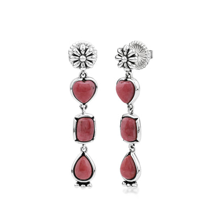 Sterling Silver Rhodonite Gemstone Heart, Rectangle and Pear Concha Post Dangle Earrings 