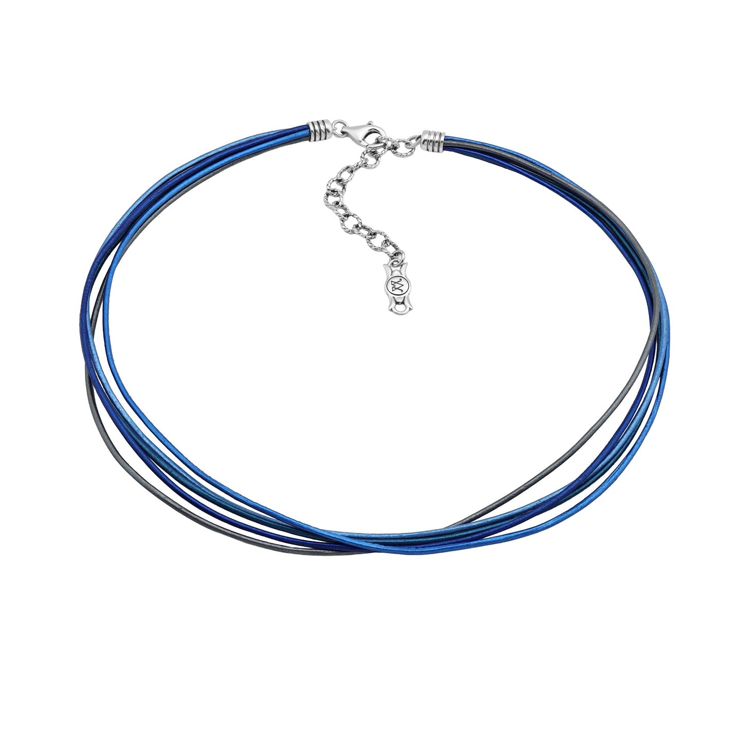 Sterling Silver Blue Leather 5 Strand Necklace, 17 to 20 Inches
