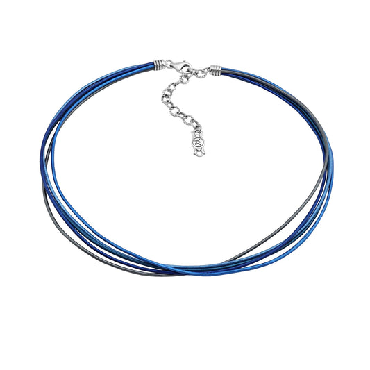 Sterling Silver Blue Leather 5 Strand Necklace, 17 to 20 Inches