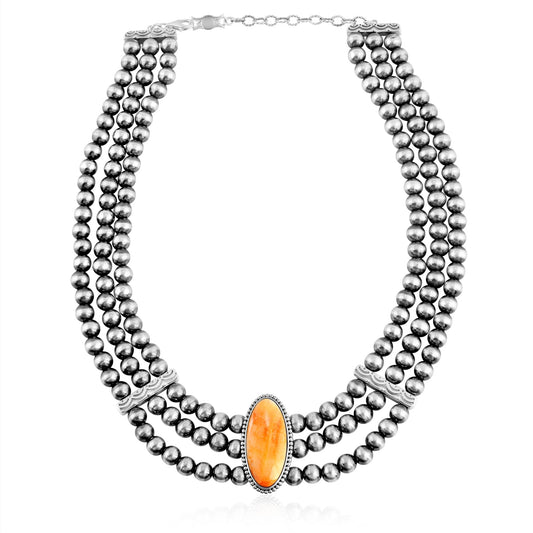 Sterling Silver Orange Spiny Oyster Oval Cut Triple-Row Beaded Necklace, 17 to 20 Inches