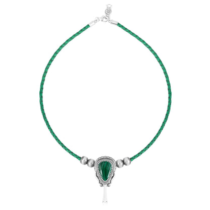 Sterling Silver Malachite Green Leather Squash Blossom Necklace