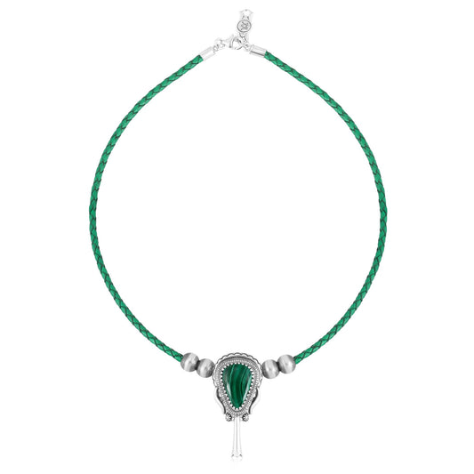 Sterling Silver Malachite Green Leather Squash Blossom Necklace