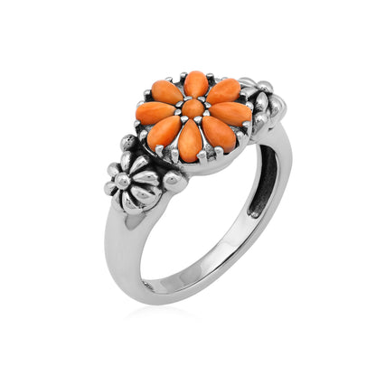 Sterling Silver Orange Spiny Oyster Concha Flower Ring