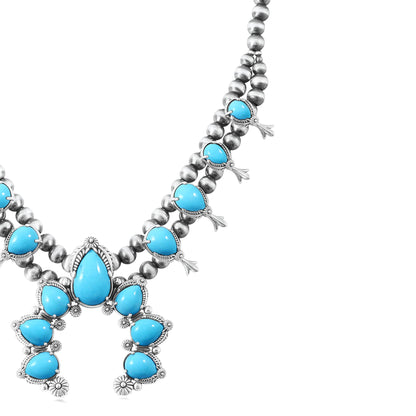 Sterling Silver Kingman Turquoise 8-Station Pear Squash Blossom Necklace, 17 to 20 Inches