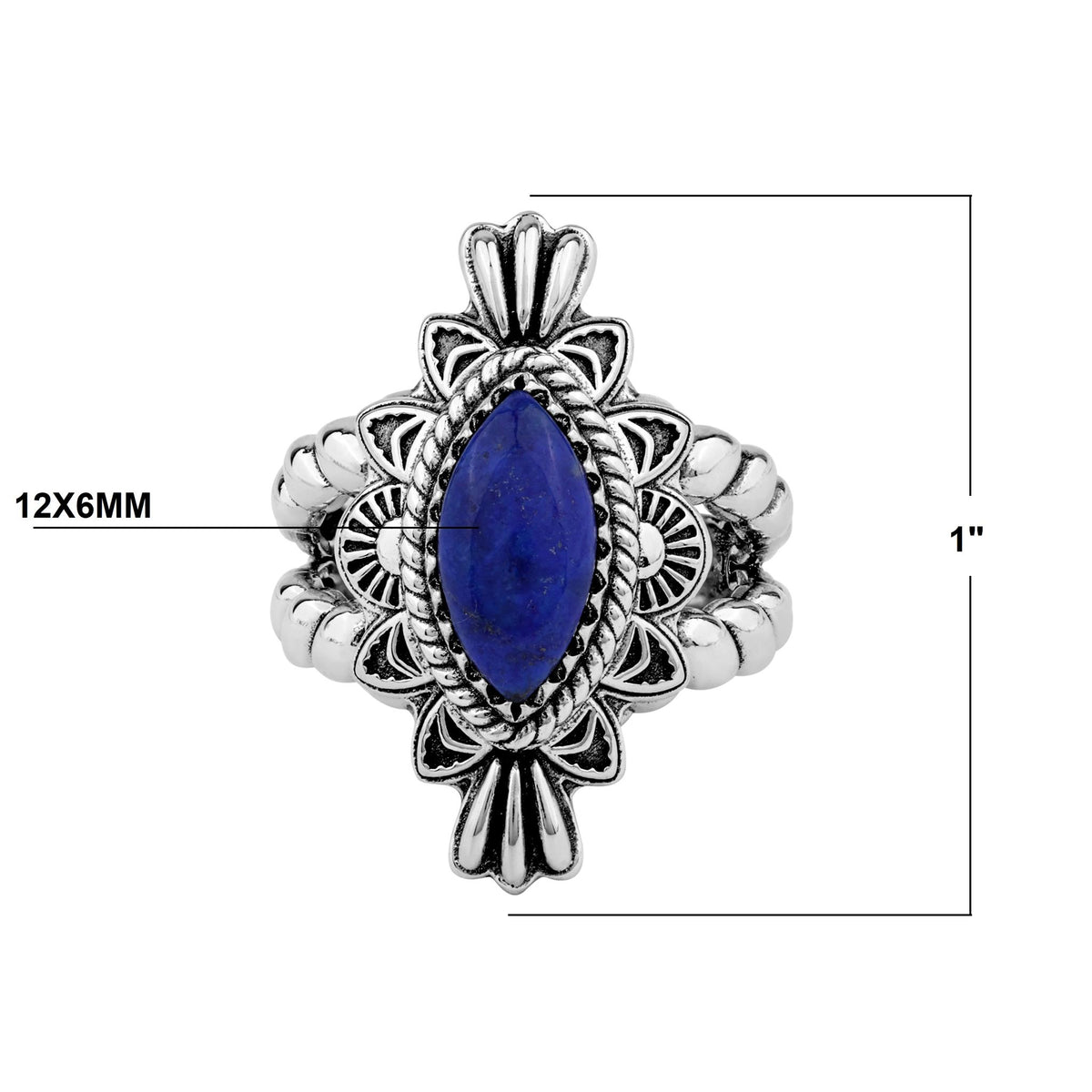 Sterling Silver Lapis Marquise Rope Ring, Sizes 5 to 10