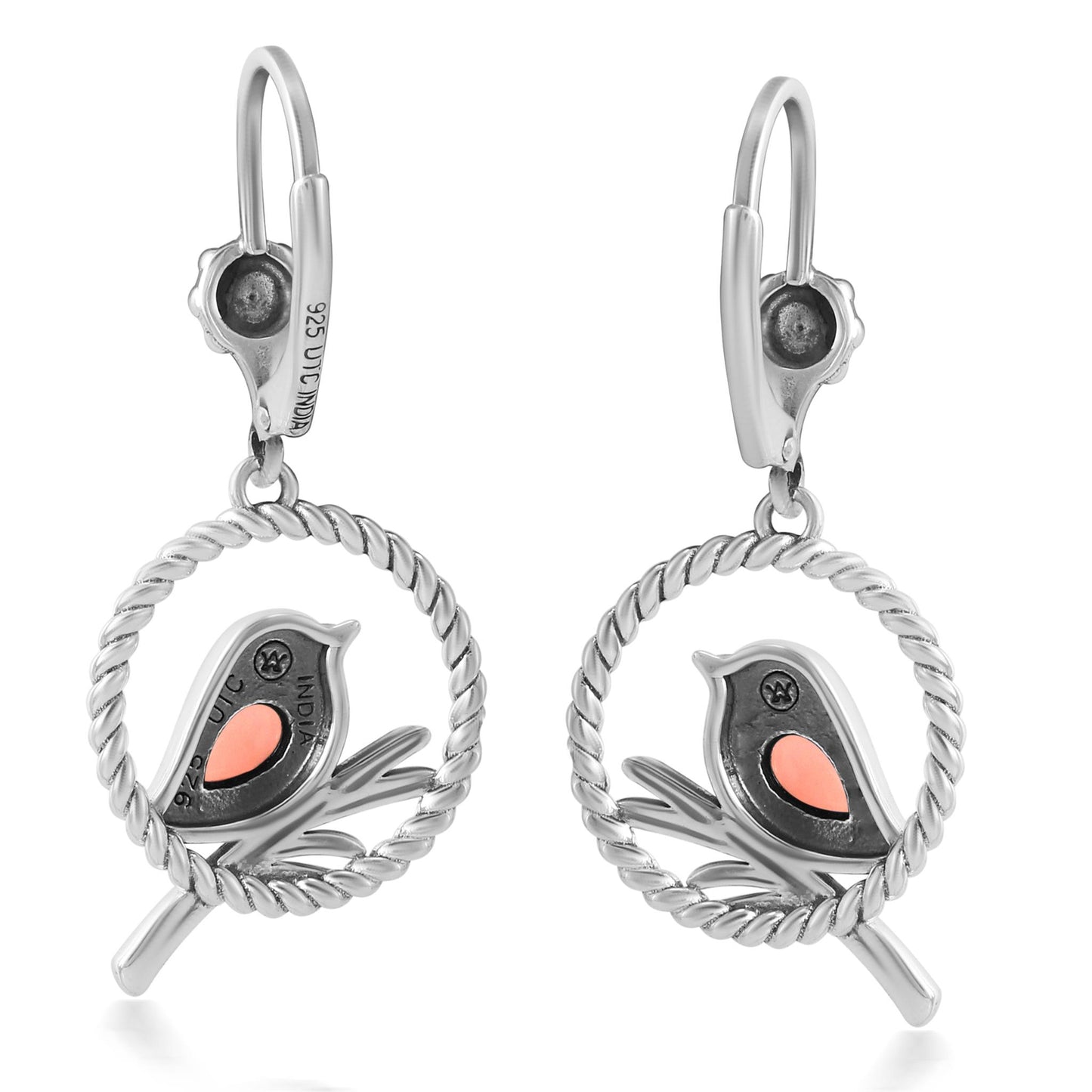 EXCLUSIVELY OURS! Sterling Silver Pink Opal Bird and Branch Open Circle Dangle Earrings