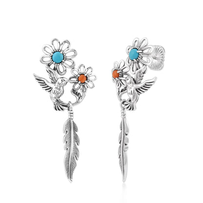 Sterling Silver Kingman Turquoise and Orange Spiny Oyster Fritz Casuse Hummingbird Flower Earrings 