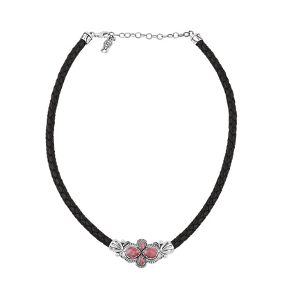  Sterling Silver Rhodochrosite Pear Cluster Black Leather Necklace 