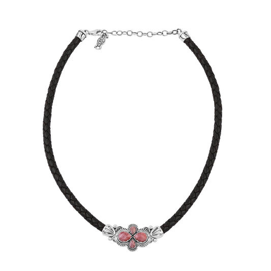  Sterling Silver Rhodochrosite Pear Cluster Black Leather Necklace 
