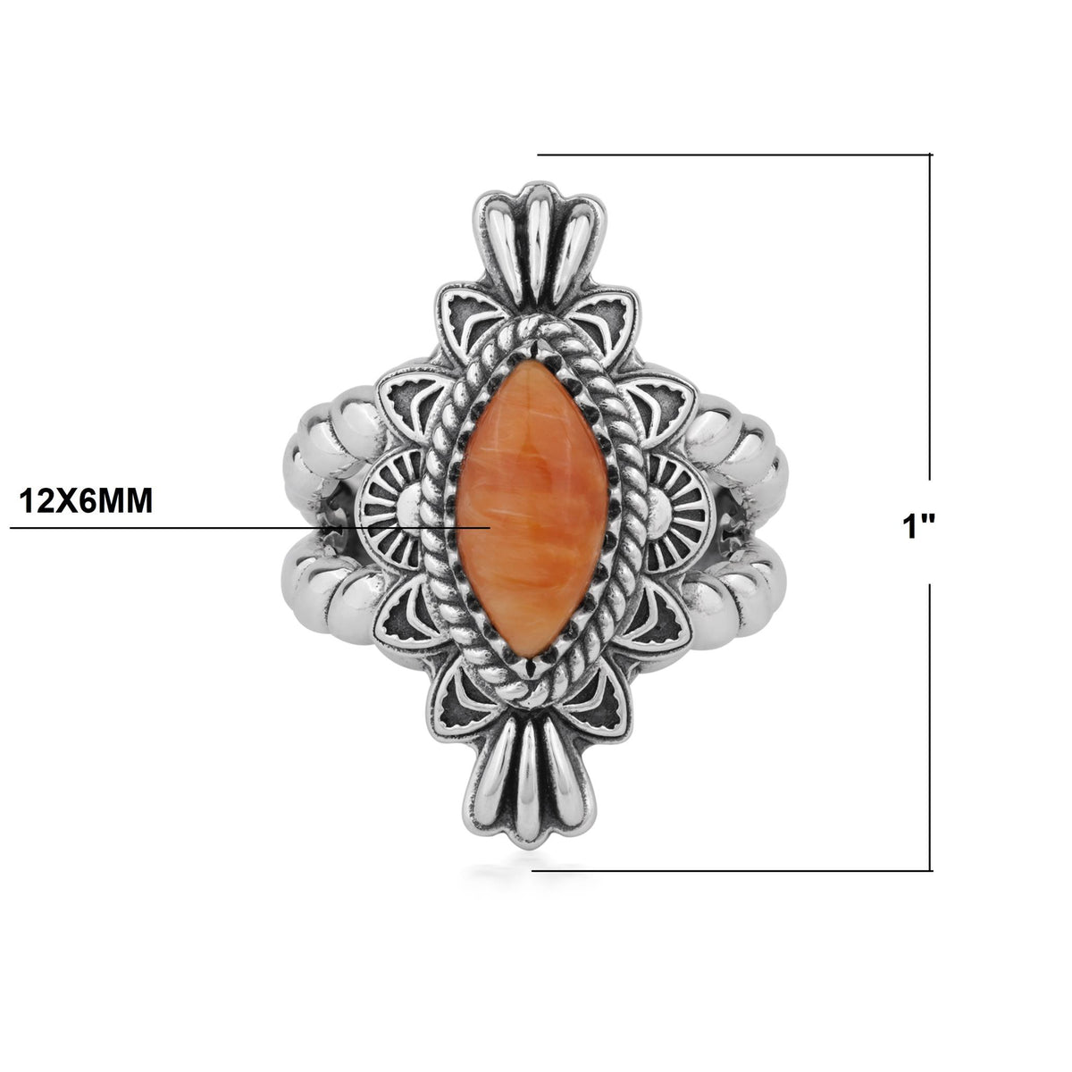 Sterling Silver Orange Spiny Oyster Marquise Rope Ring, Sizes 5 to 10