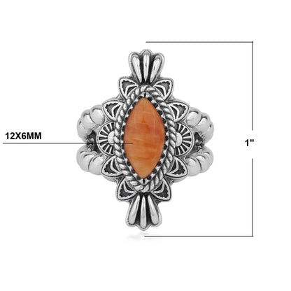 Sterling Silver Orange Spiny Oyster Marquise Rope Ring, Sizes 5 to 10