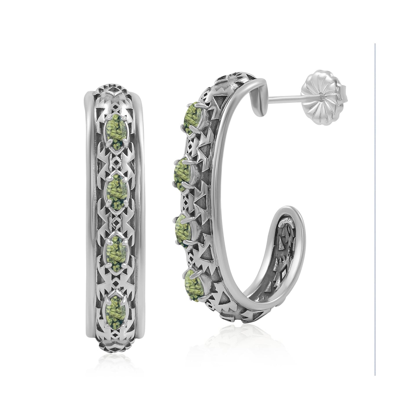 Sterling Silver Green Serpentine Patterned J-Hoop 1 Inch Earrings 