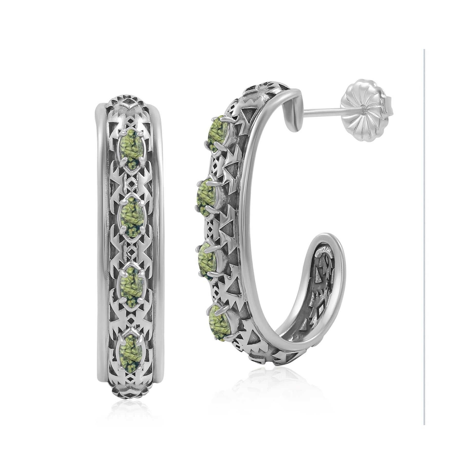 Sterling Silver Green Serpentine Patterned J-Hoop 1 Inch Earrings 