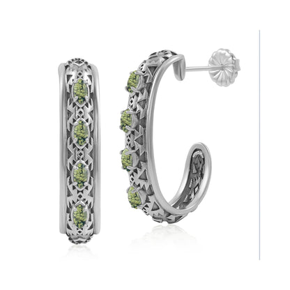 Sterling Silver Green Serpentine Patterned J-Hoop 1 Inch Earrings 