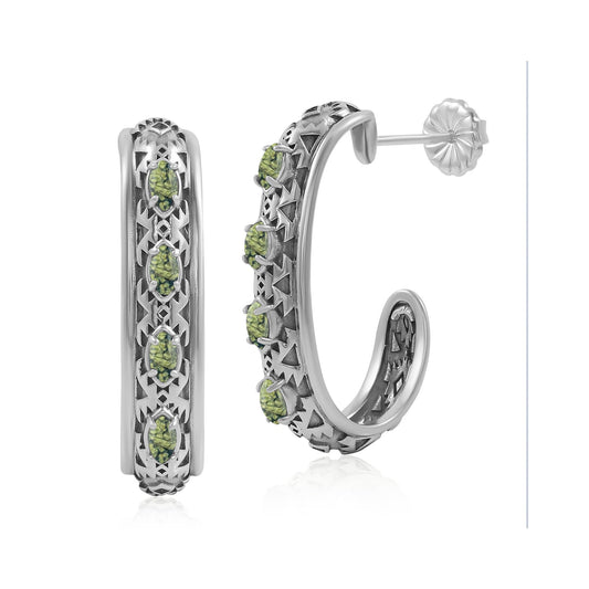 Sterling Silver Green Serpentine Patterned J-Hoop 1 Inch Earrings 