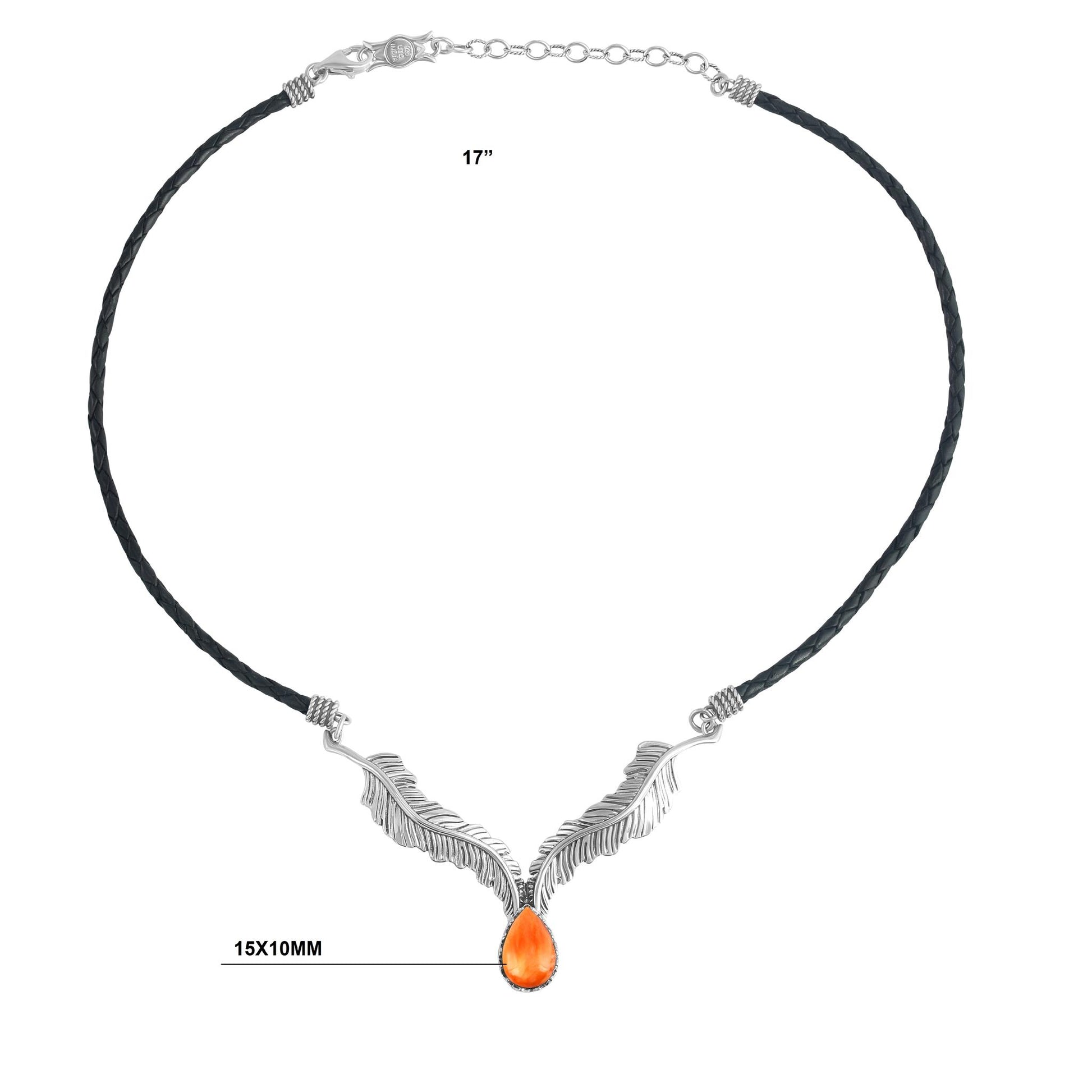 Sterling Silver Orange Spiny Oyster Black Leather Feather Design Necklace
