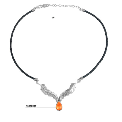 Sterling Silver Orange Spiny Oyster Black Leather Feather Design Necklace