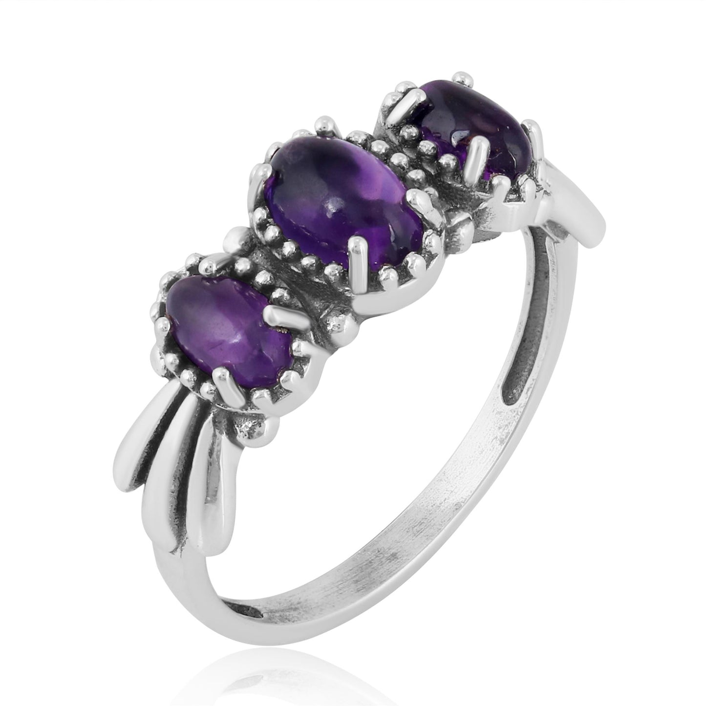 Sterling Silver Amethyst 3-Stone Fan Ring