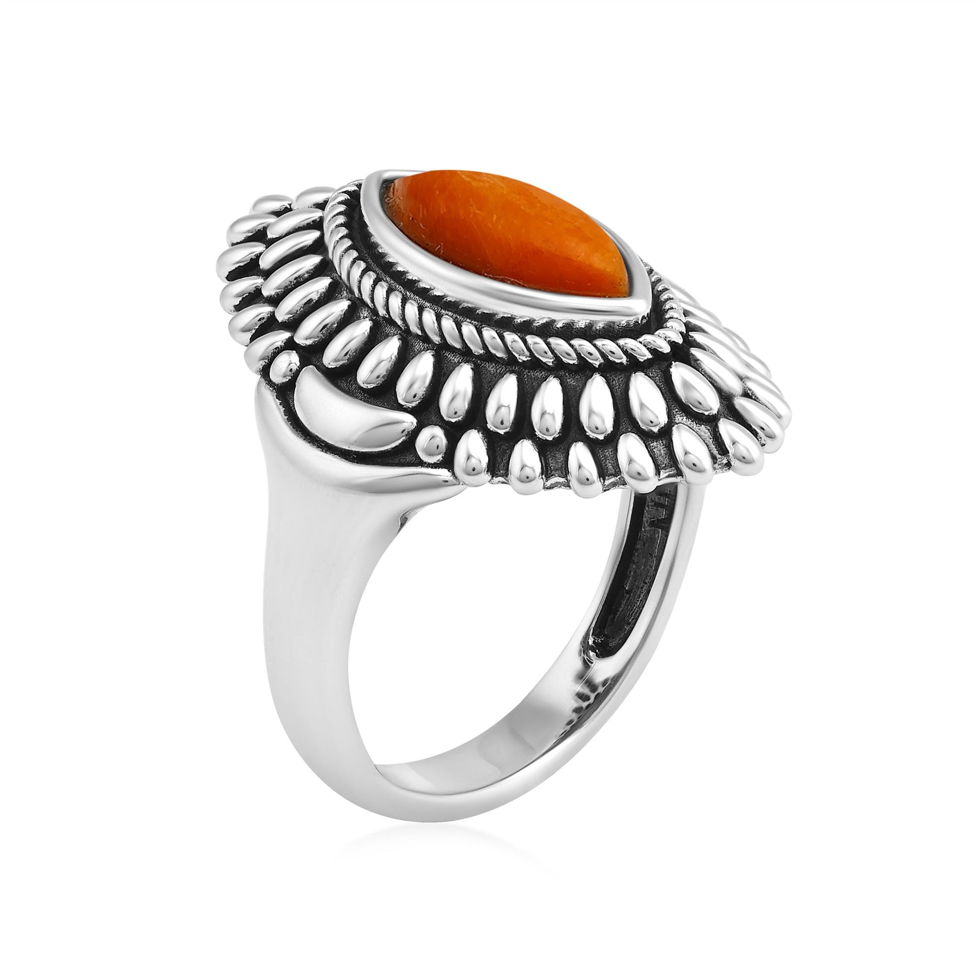 Sterling Silver Orange Spiny Oyster Marquise Cut Rope and Bead Ring