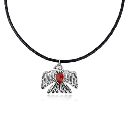 EXCLUSIVELY OURS! Sterling Silver Red Jasper Black Leather Thunderbird Pendant Necklace, 17 to 20 Inches