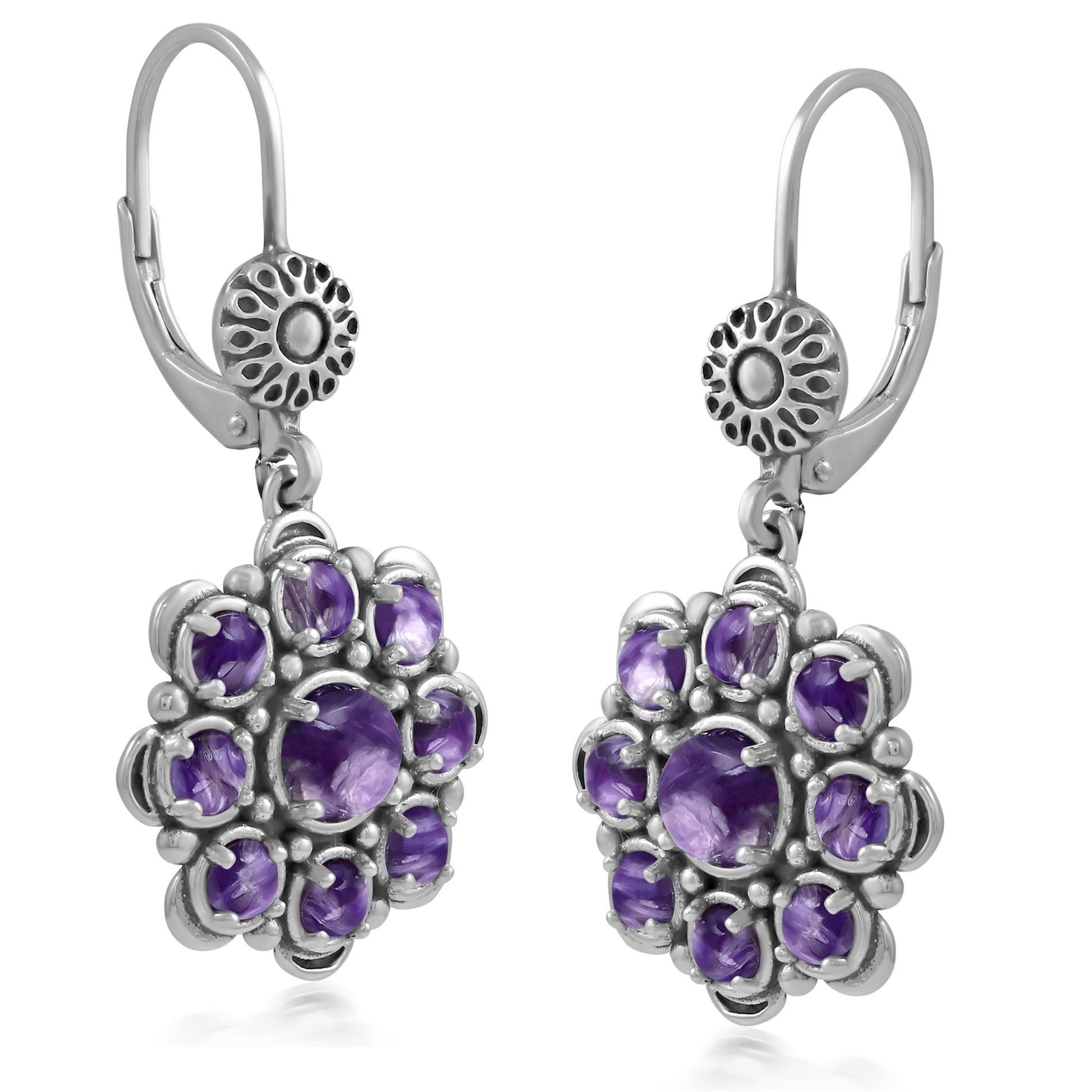 Sterling Silver Charoite Flower Cluster Earrings