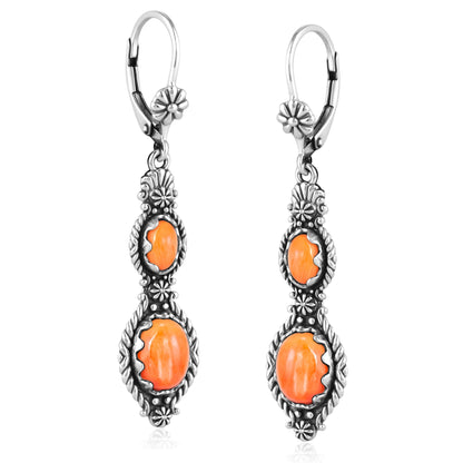 Sterling Silver Orange Spiny Oyster Oval Cut Dangle Earrings