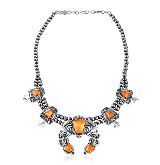 LIMITED EDITION! Sterling Silver Orange Spiny Oyster Trapezoid Squash Blossom Necklace