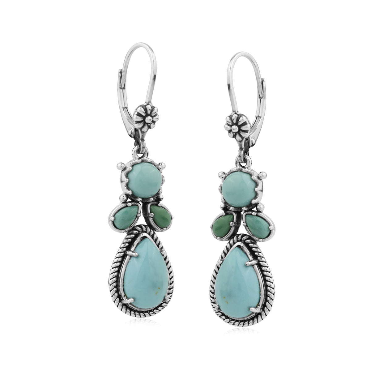 Sterling Silver Kingman and Green Turquoise Cluster Lever Back Earrings 