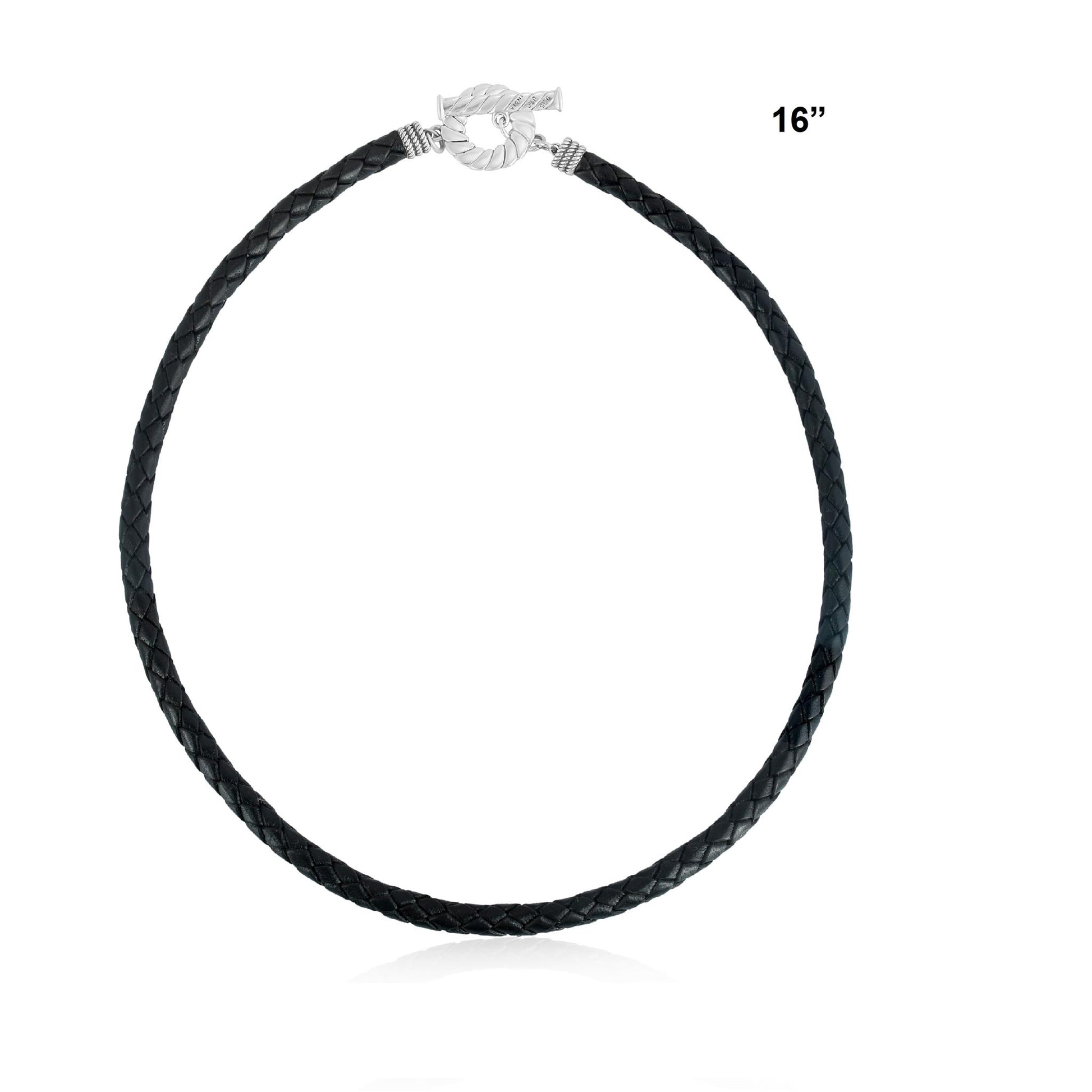 Sterling Silver Braided Black Leather Toggle Necklace