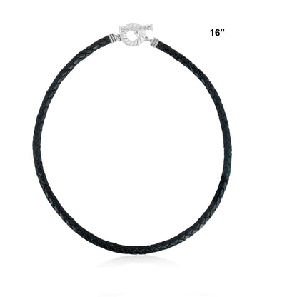 Sterling Silver Braided Black Leather Toggle Necklace