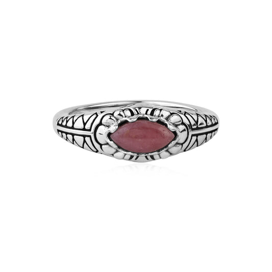  Sterling Silver Rhodonite Marquise-Cut Etched Ring