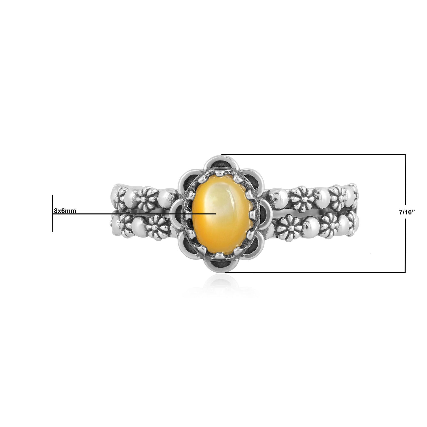 Sterling Silver Yellow Mother of Pearl Double Row Concha Flower Ring