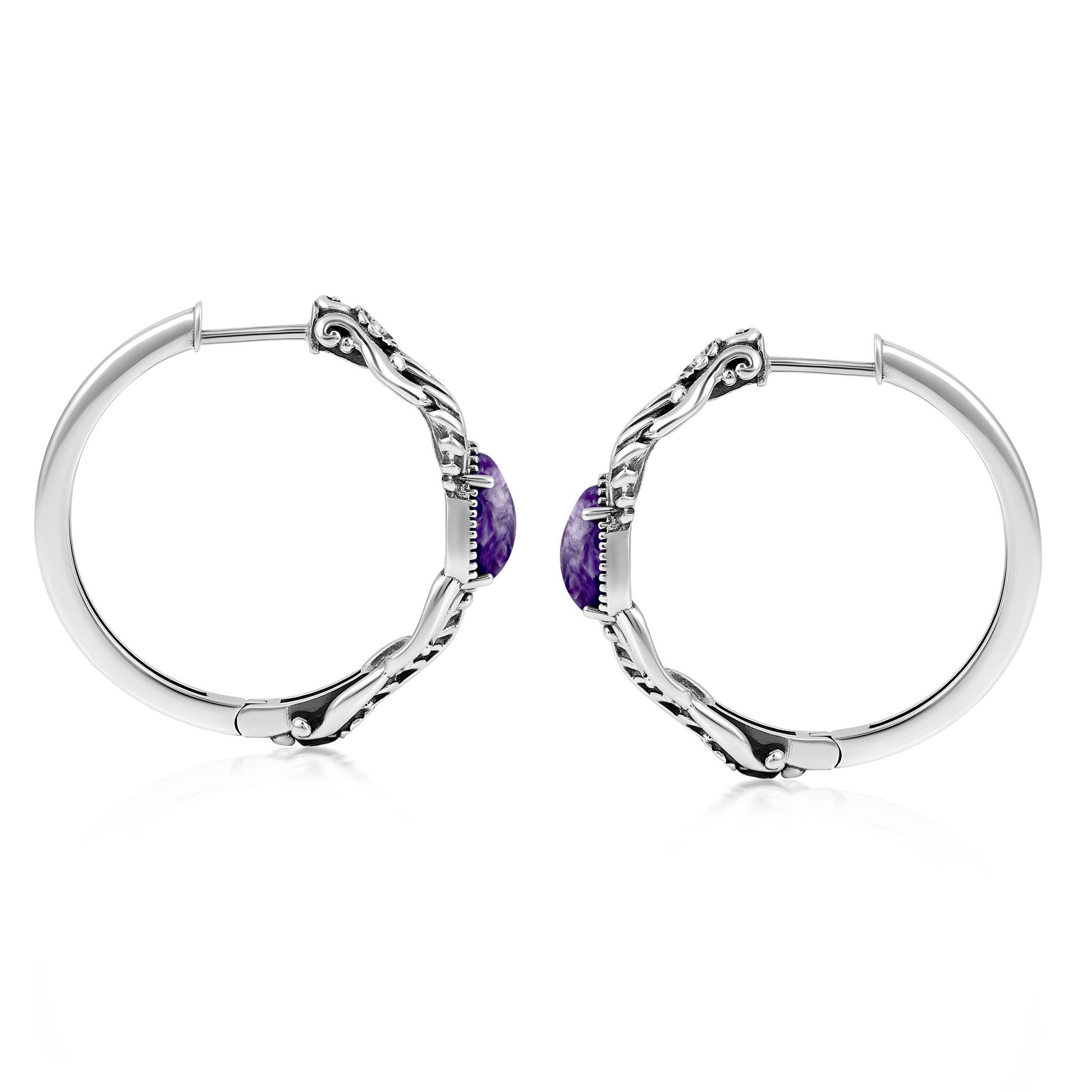 Sterling Silver Charoite Vine and Leaf Hoop Earrings