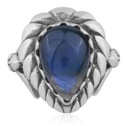 EXCLUSIVELY OURS! Sterling Silver Labradorite Pear Cut Rope Ring, Sizes 5 to 11