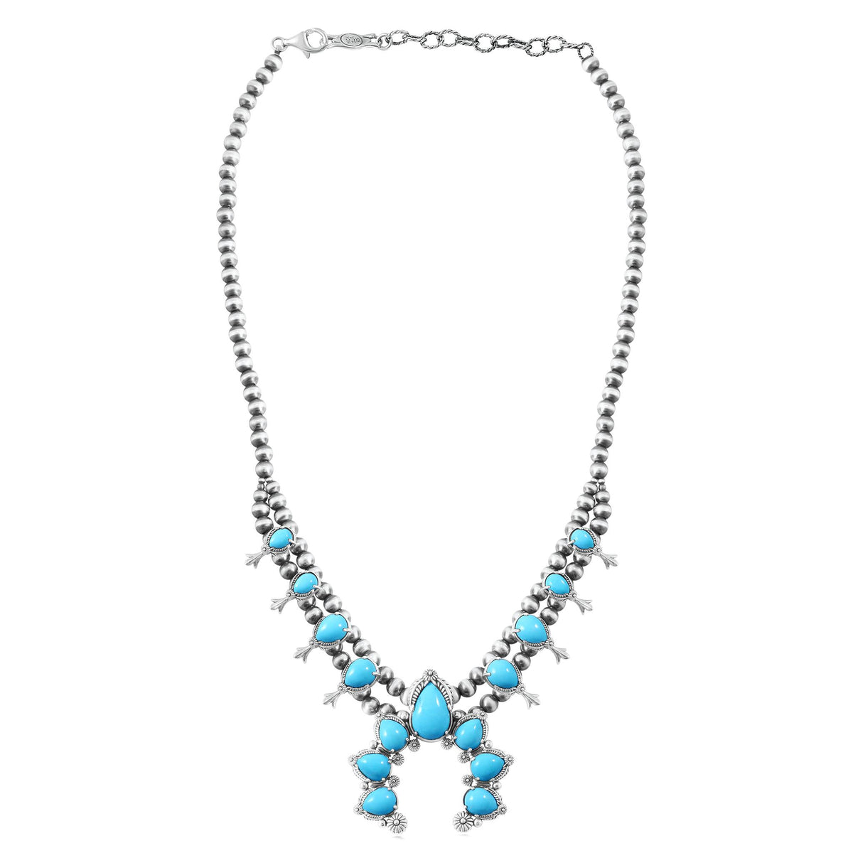 Sterling Silver Kingman Turquoise 8-Station Pear Squash Blossom Necklace, 17 to 20 Inches