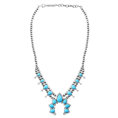 Sterling Silver Kingman Turquoise 8-Station Pear Squash Blossom Necklace, 17 to 20 Inches