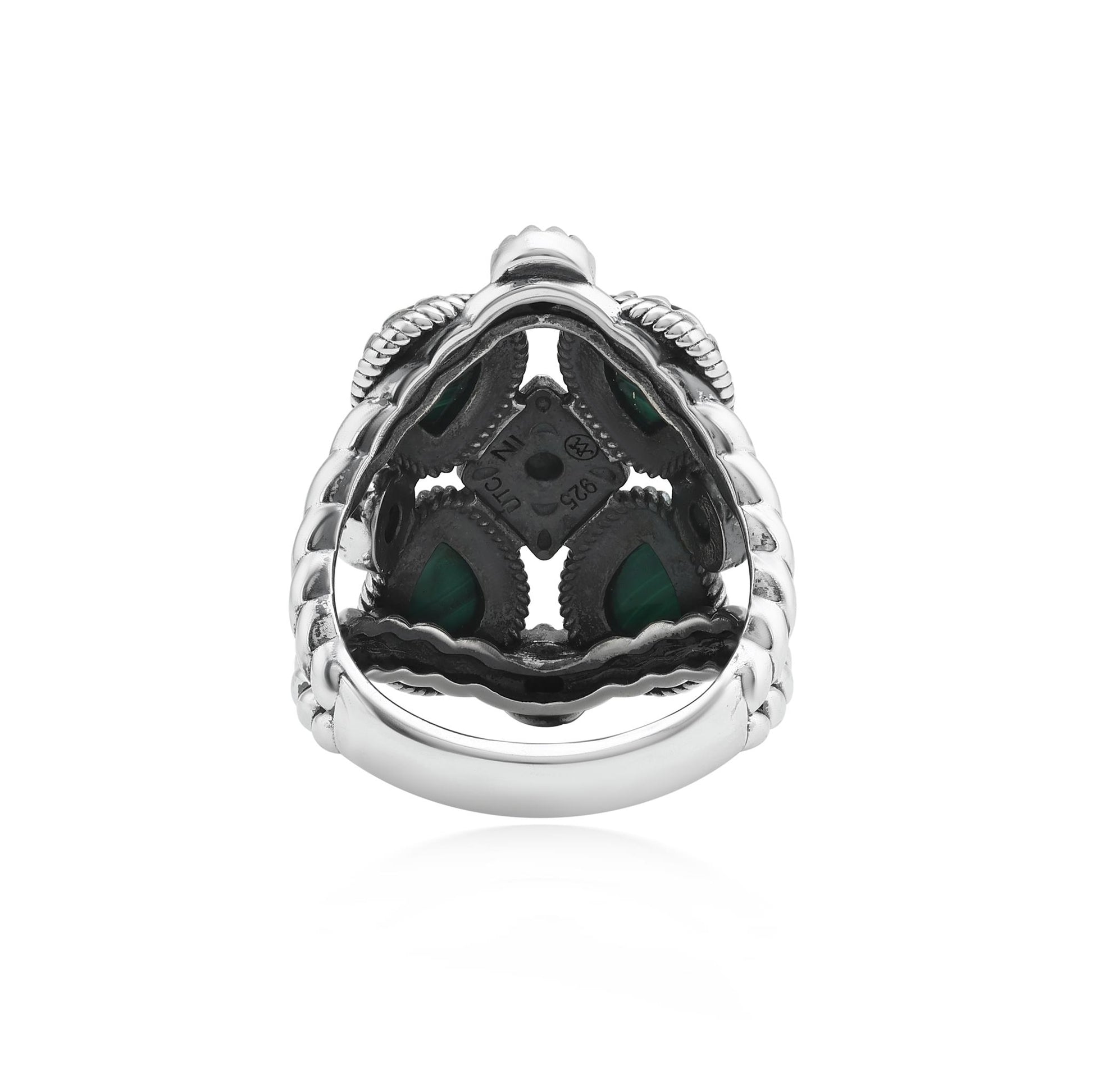 Sterling Silver Malachite 4 Pear and Round Cut Cluster Ring