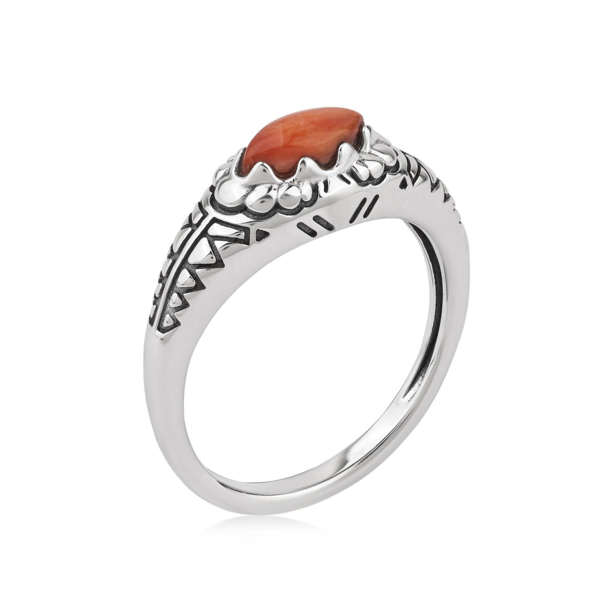 Sterling Silver Orange Spiny Oyster Marquise Gemstone Etched Ring, Sizes 5 to 11