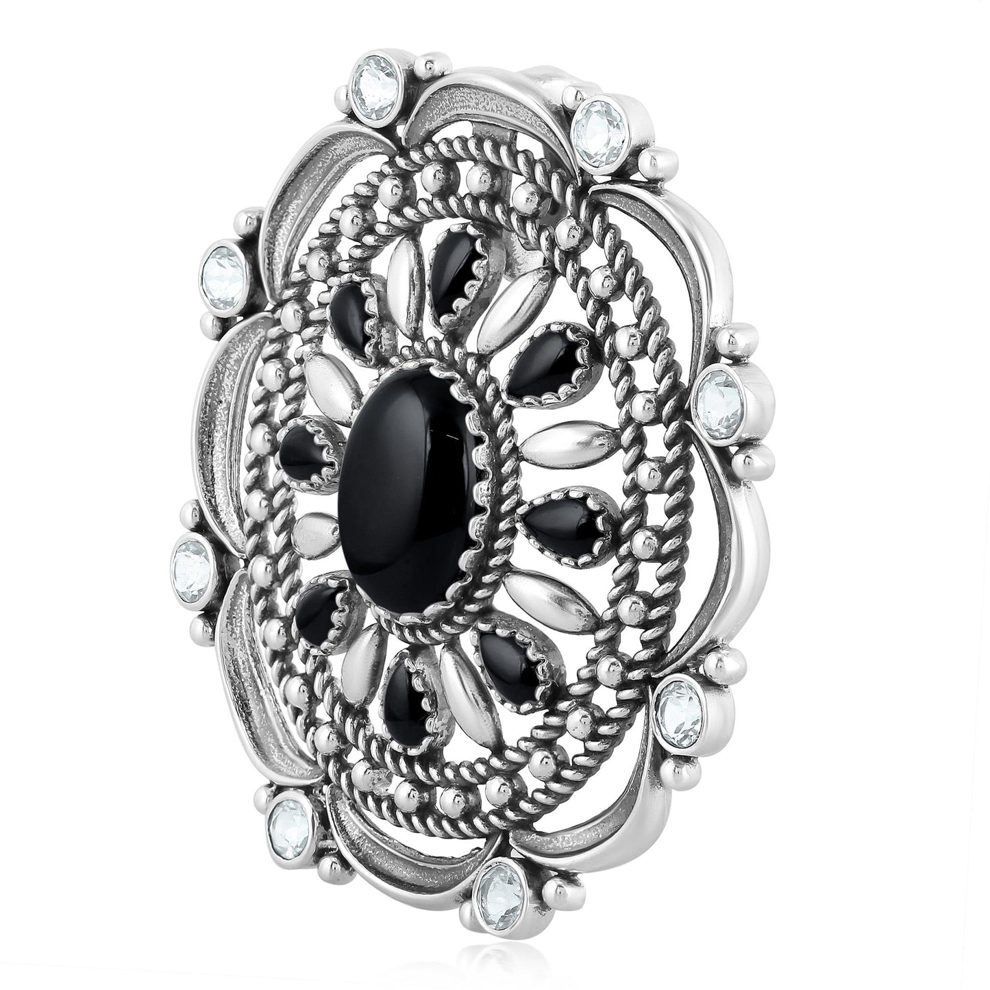 Sterling Silver Black Agate and White Topaz Oval Statement Pendant Enhancer