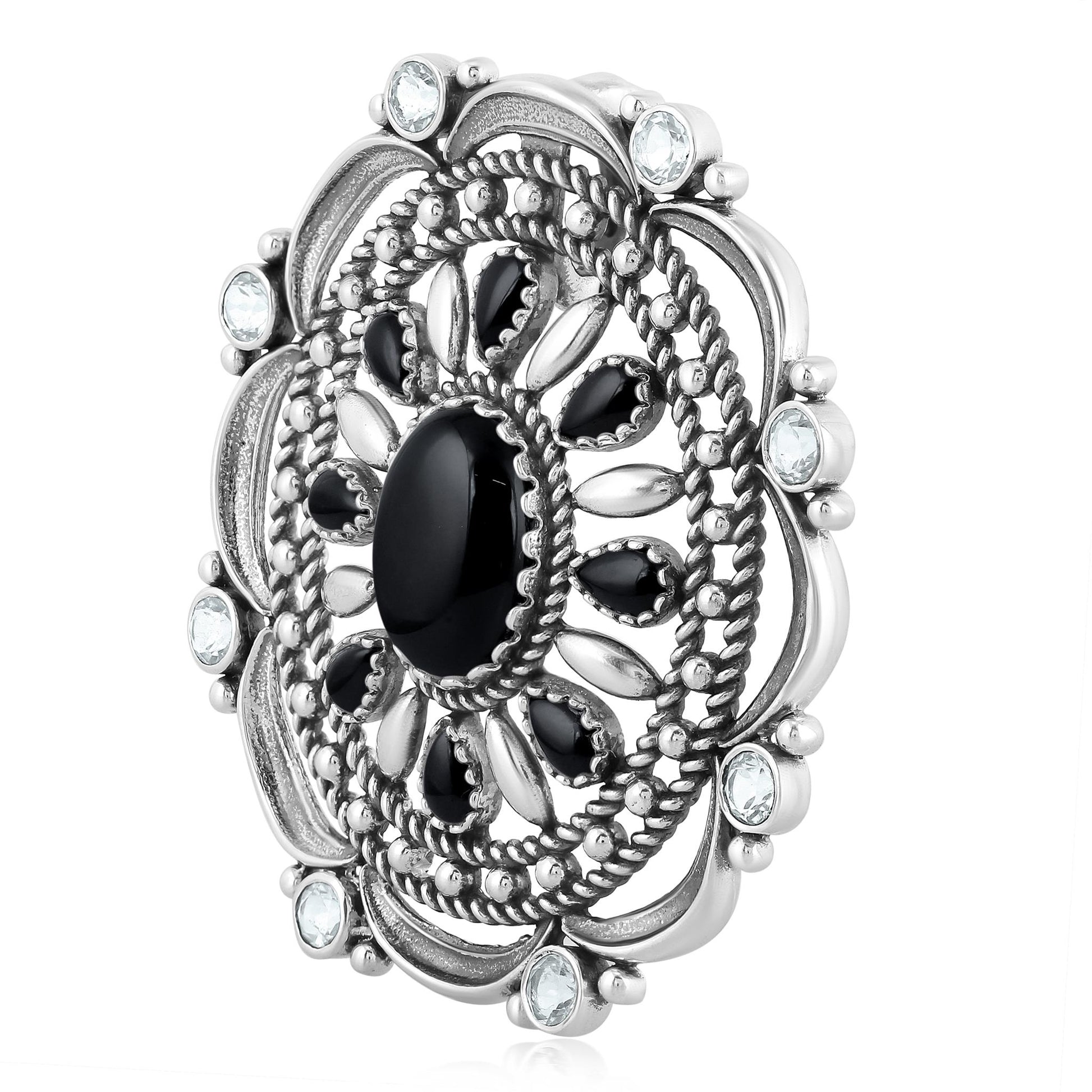 Sterling Silver Black Agate and White Topaz Oval Statement Pendant Enhancer