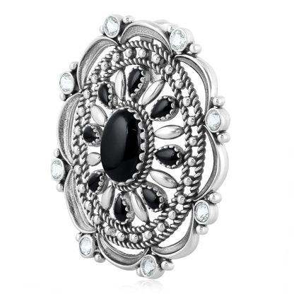Sterling Silver Black Agate and White Topaz Oval Statement Pendant Enhancer