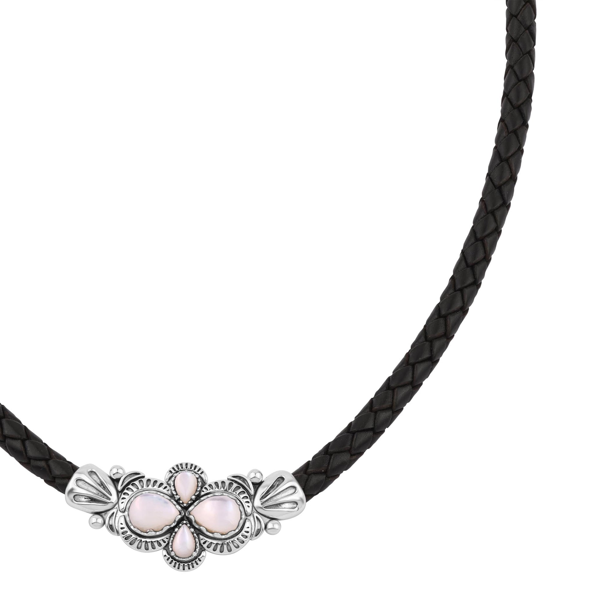  Sterling Silver White Mother of Pearl Pear Cluster Black Leather Necklace 