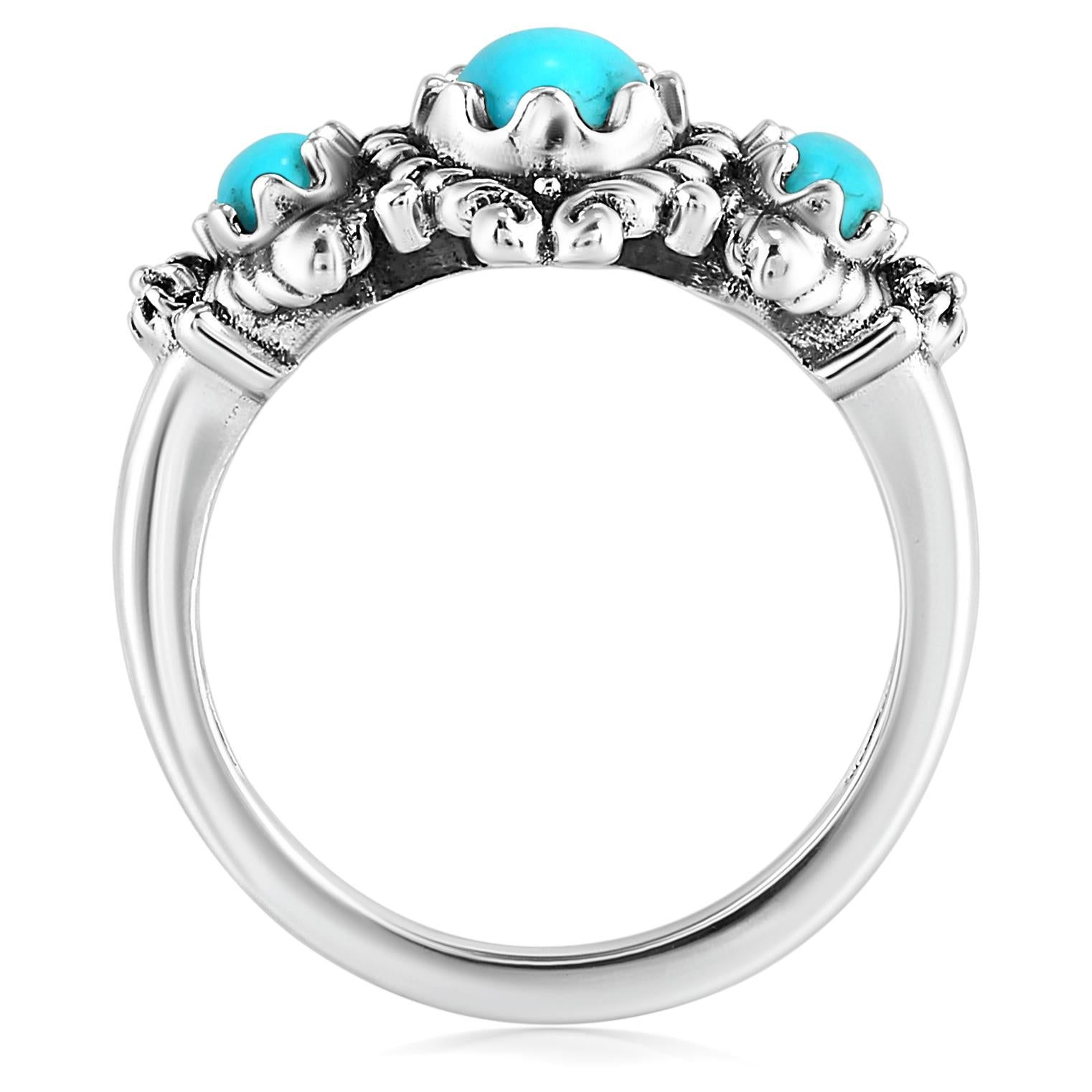 Sterling Silver Sleeping Beauty Turquoise 3-Stone Oval Scalloped Bezel Ring, Sizes 5 to 10