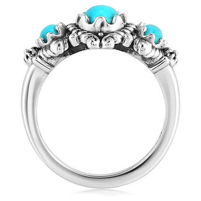 Sterling Silver Sleeping Beauty Turquoise 3-Stone Oval Scalloped Bezel Ring, Sizes 5 to 10