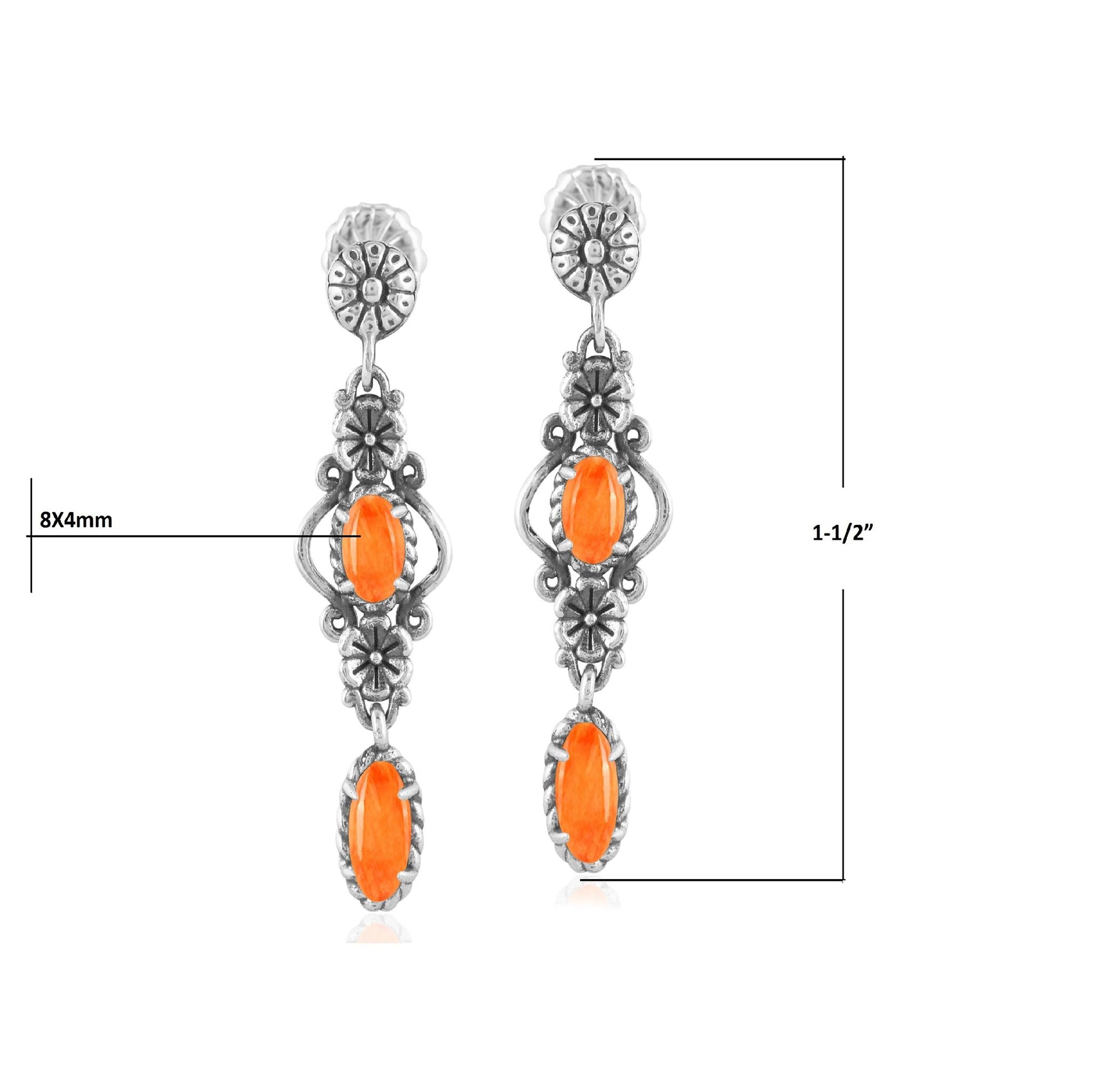 Sterling Silver Orange Spiny Oyster Gemstone Floral Dangle Earrings