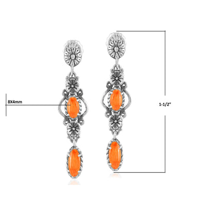 Sterling Silver Orange Spiny Oyster Gemstone Floral Dangle Earrings