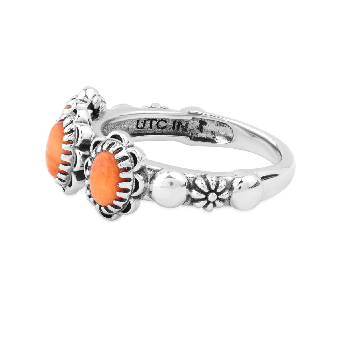 Sterling Silver Orange Spiny Oyster Concha 3 Stone Ring, Sizes 5 to 11