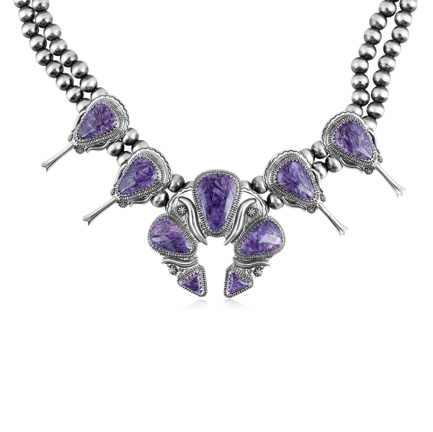 EXCLUSIVELY OURS! Sterling Silver Charoite Large Naja Squash Blossom Necklace, 21 to 24 Inches