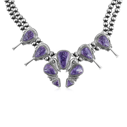 EXCLUSIVELY OURS! Sterling Silver Charoite Large Naja Squash Blossom Necklace, 21 to 24 Inches